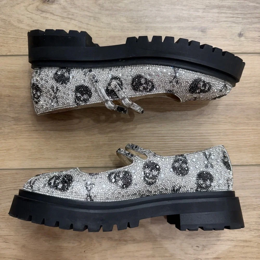 Betsey Johnson Rico Skull Rhinestone Platform Mary Jane Shoes Silver Goth Bling